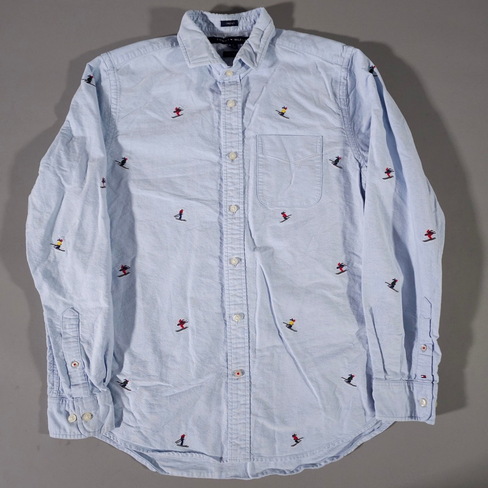 Tommy Hilfiger Button Down Mens M Blue Embroidered Skier Custom Fit Oxford Shirt